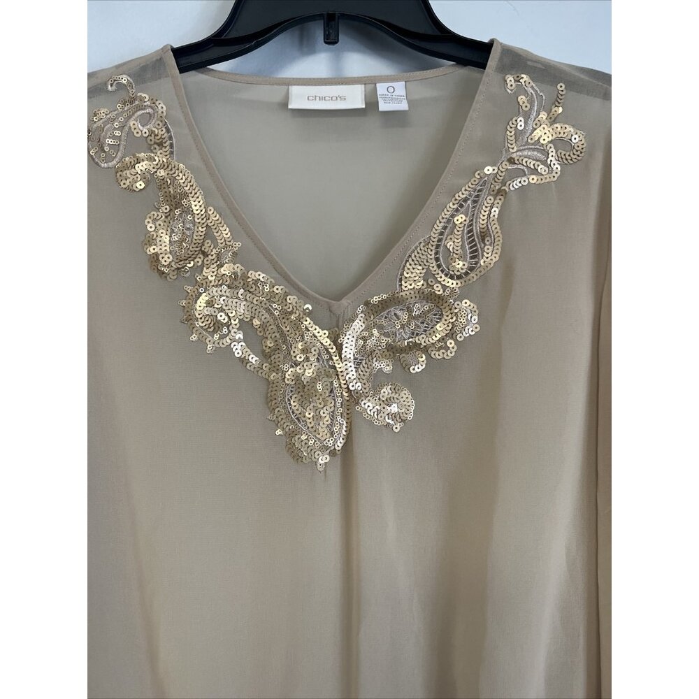 Chicos Size 0 Drop Waist Top Blouse Gold Sequin V Neckline Small - Picture 2 of 6